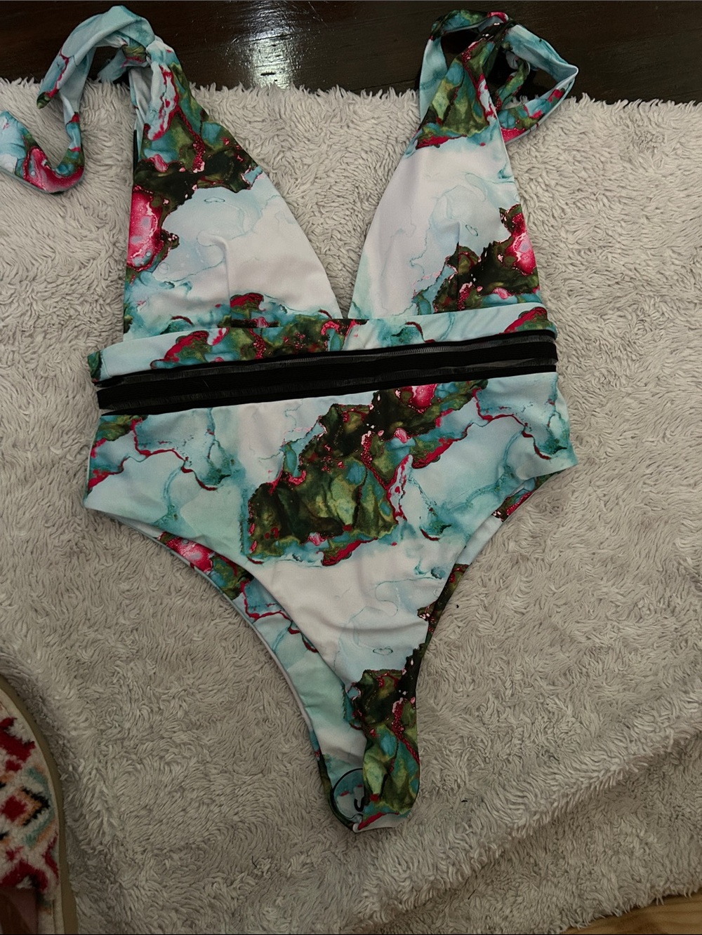 SHEIN Aqua Marble One-Piece Swimsuit with Pink & Green Accents